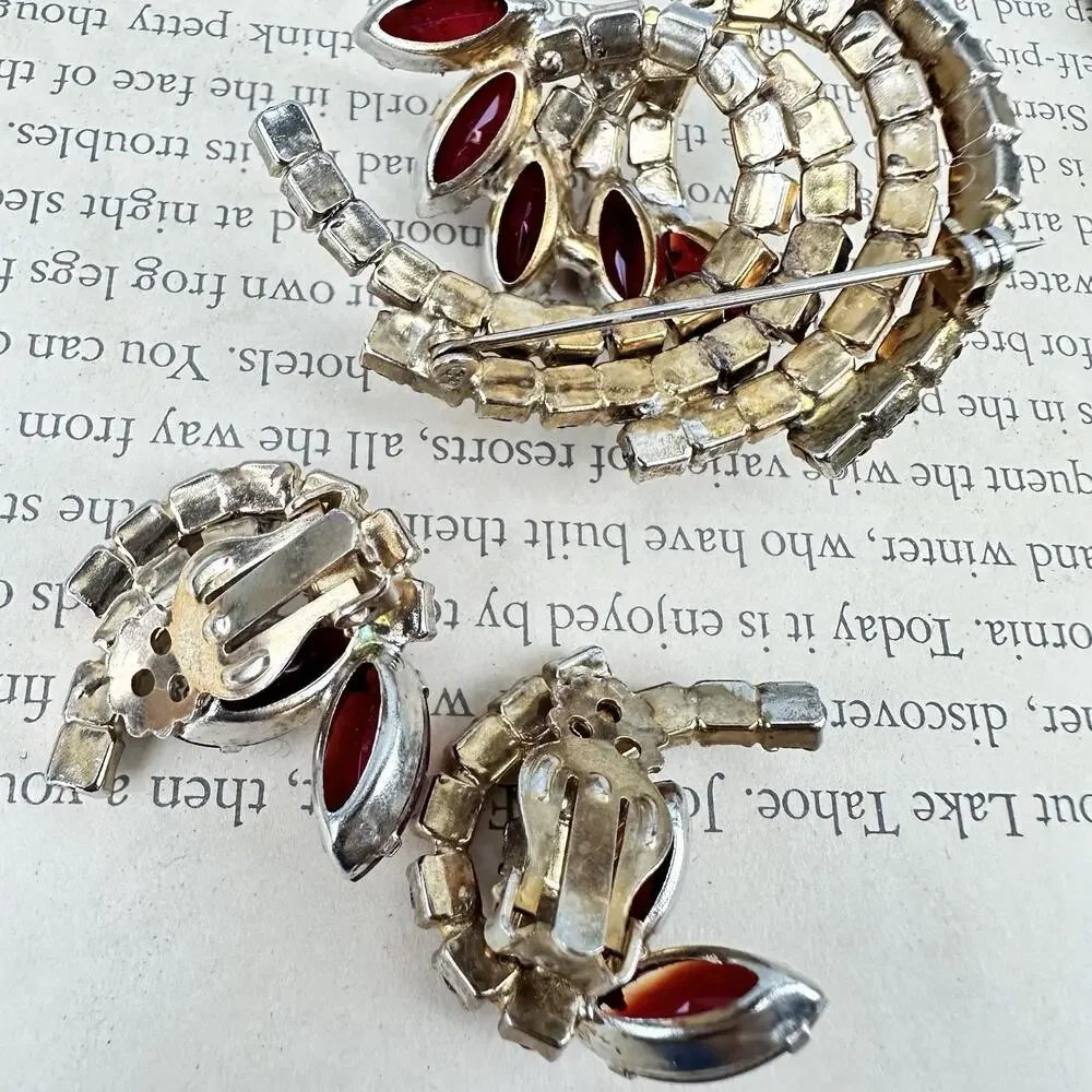 Vintage Red Rhinestone Brooch & Clip Earring Set Pink AB Swirl Cluster Sunburst